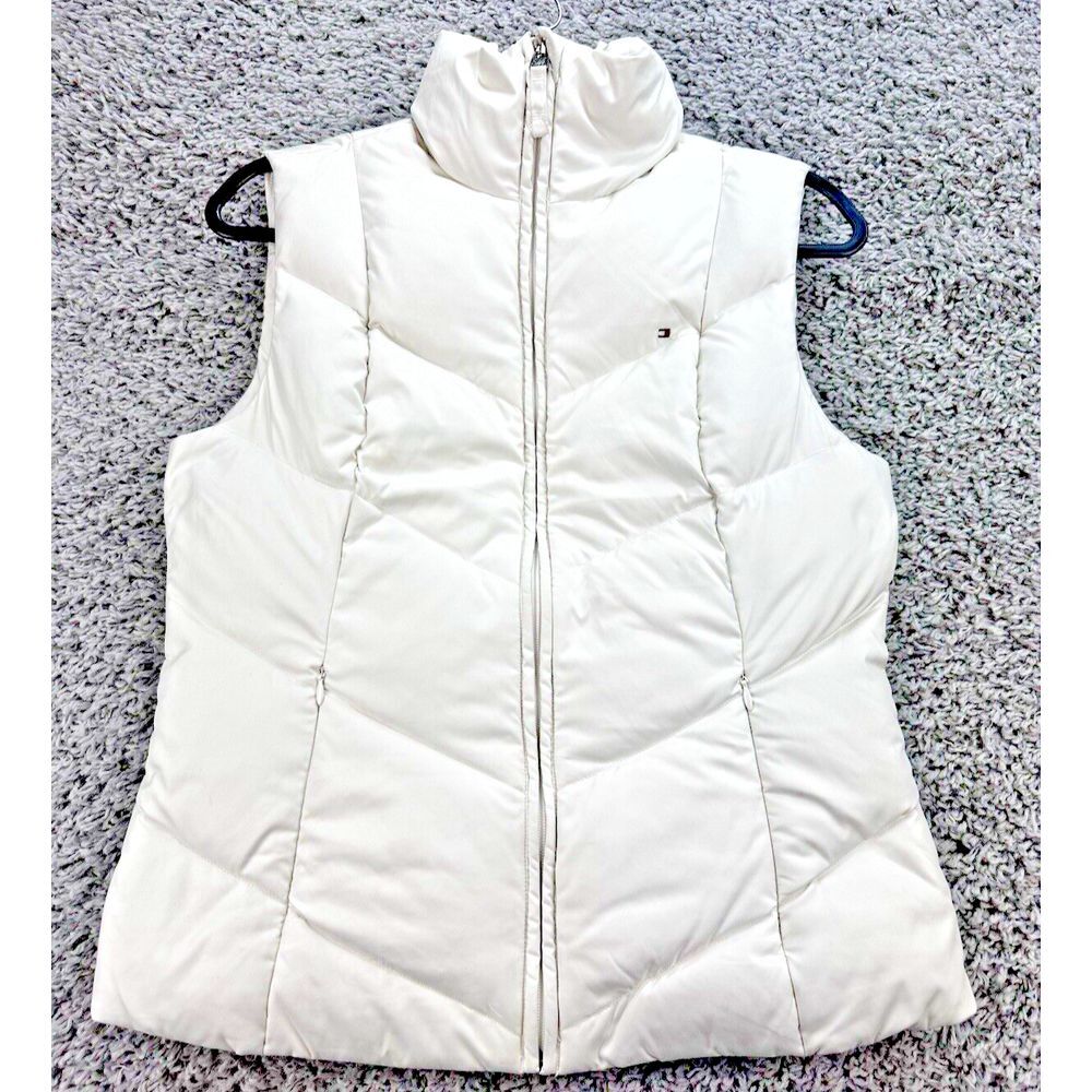 Tommy Hilfiger Chevron‎ Down Puffer Vest Jacket Women S Ivory White Full Zip